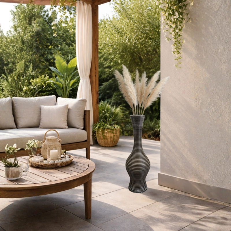 JARRON FLORERO DECORATIVO TEJIDO RATTAN MODERNO RAYAS 60 CM - 2