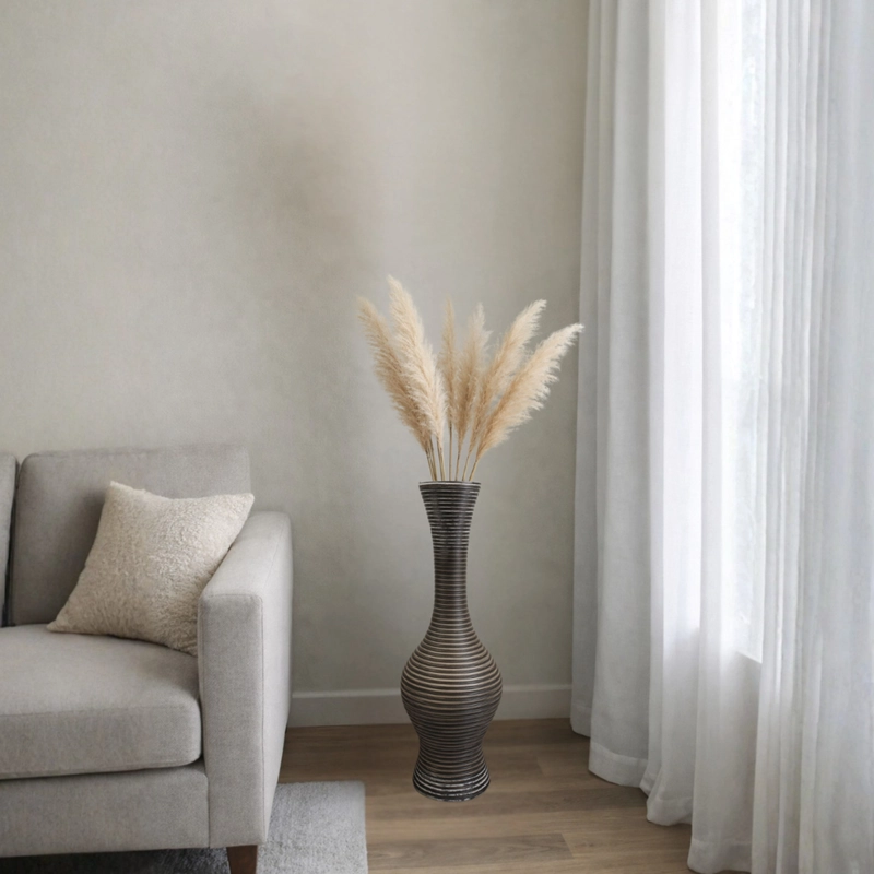JARRON FLORERO DECORATIVO TEJIDO RATTAN MODERNO RAYAS 60 CM - 4