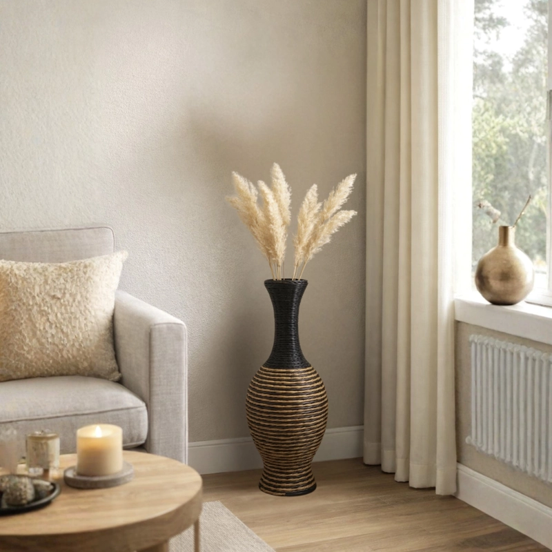 JARRON FLORERO DECORATIVO TEJIDO RATTAN MODERNO NEGRO 60 CM - 3