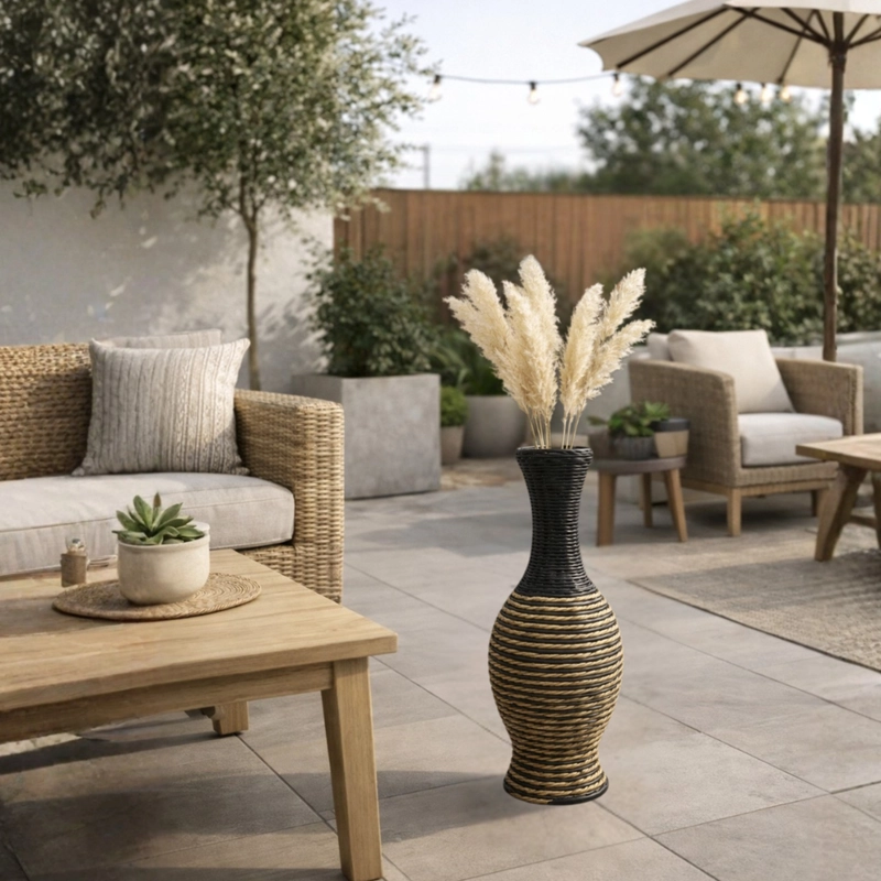 JARRON FLORERO DECORATIVO TEJIDO RATTAN MODERNO NEGRO 60 CM - 4