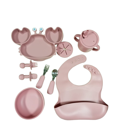 SET ALIMENTACIÓN ROSA SILICONA BEBE 9 PIEZAS ANTIDESLIZANTE - 1