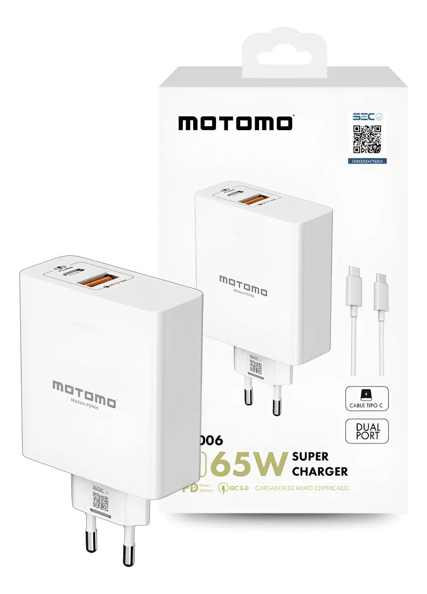 CARGADOR MOTOMO SUPER RAPIDA 65W Y CABLE TIPO C 1M - 2