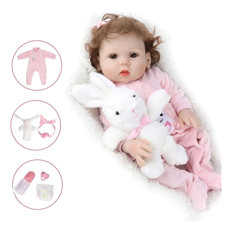 MUÑECA REBORN REALISTA DE SILICONA 48CM CON ACCESORIOS ( PAÑAL, PELUCHE... ) - 3