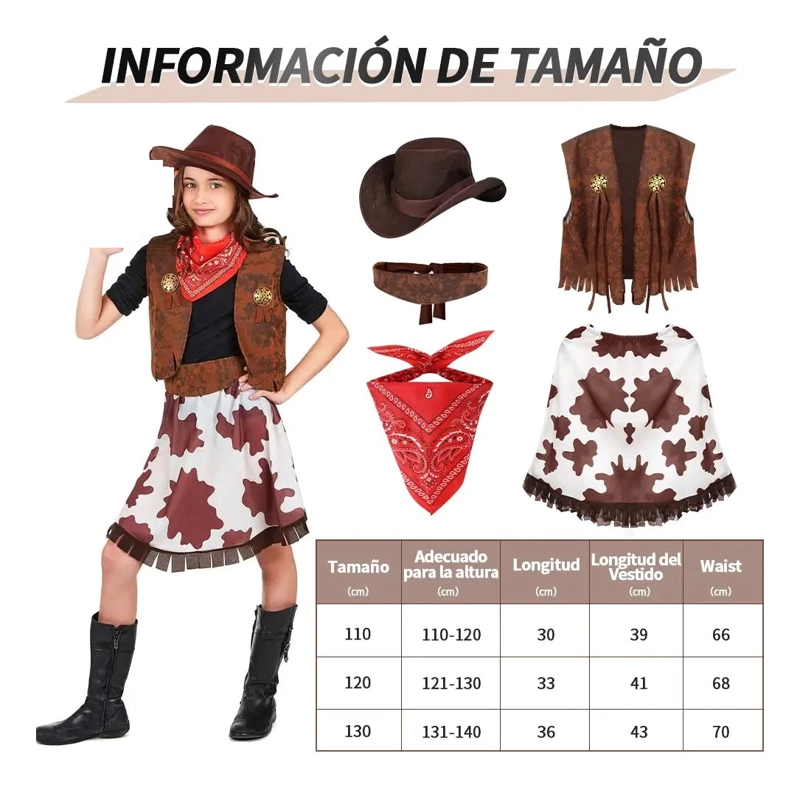 SET DISFRAZ 4UNDS CONJUNTOS TRAJE VAQUERO COSPLAY PARA NIÑA TALLA 130 ( 6 A 7 AÑOS ) - 1