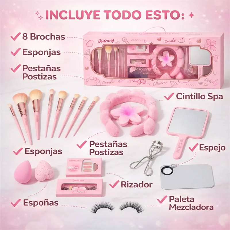 SET CAJA 18 UNDS BROCHAS MAQUILLAJE, CINTILLO, RIZADOR, ESPEJO... - 4