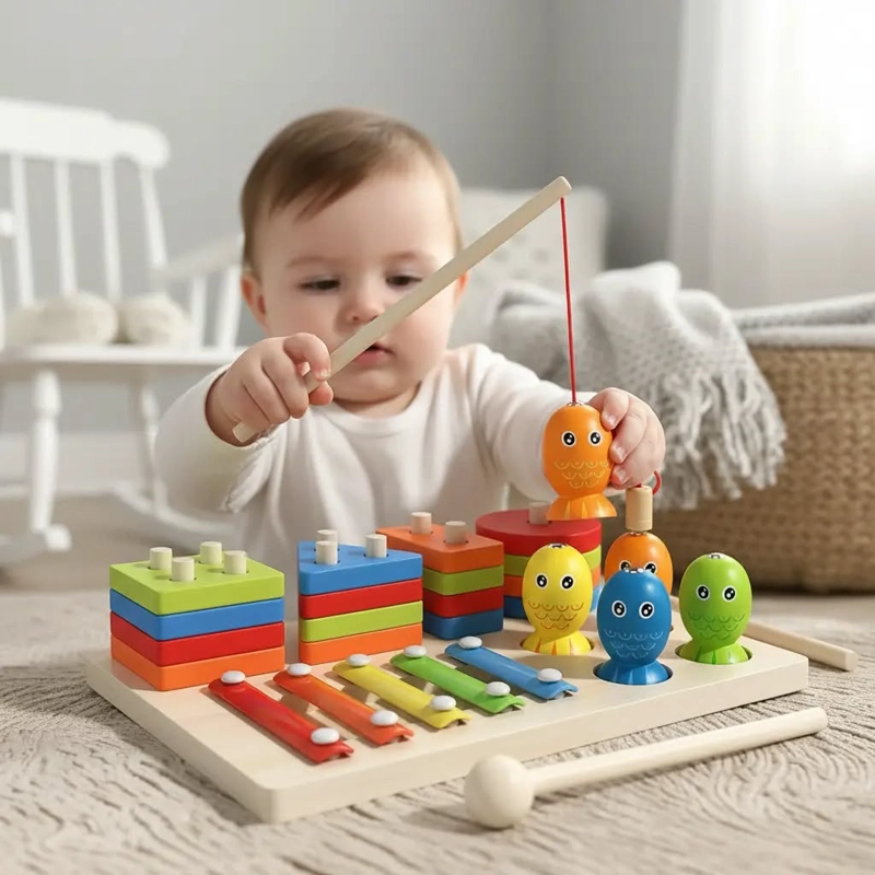 JUEGO DIDACTICO MONTESSORI MADERA PESCA XILOFONO ENCAJE PARA NIÑOS. - 1