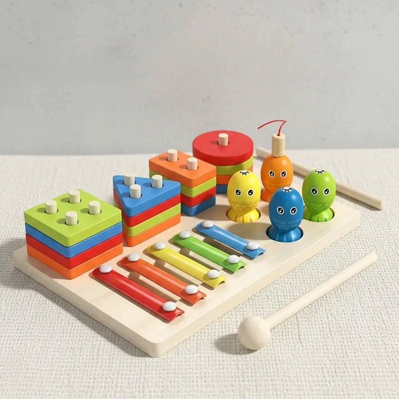 JUEGO DIDACTICO MONTESSORI MADERA PESCA XILOFONO ENCAJE PARA NIÑOS. - 2