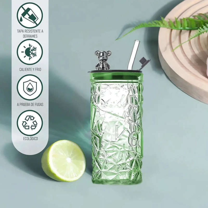 VASO DE VIDRIO 400ML CON TAPA Y BOMBILLA - 1