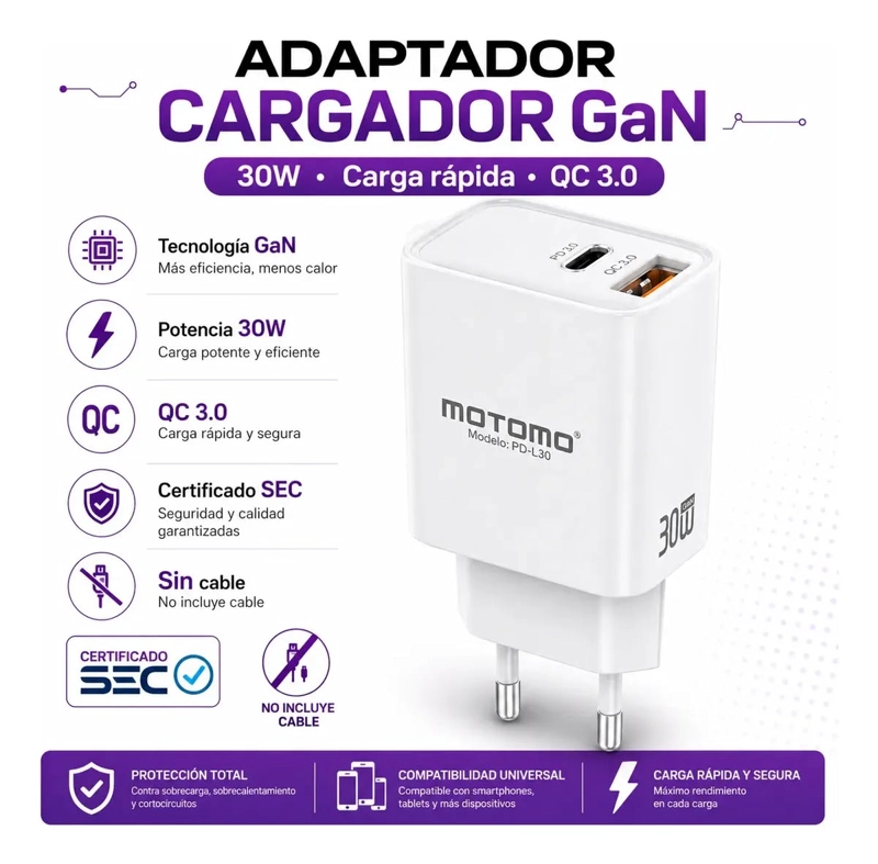 CARGADOR Y CABLE MOTOMO TIPO C 30W PD-L30 GAN - 2