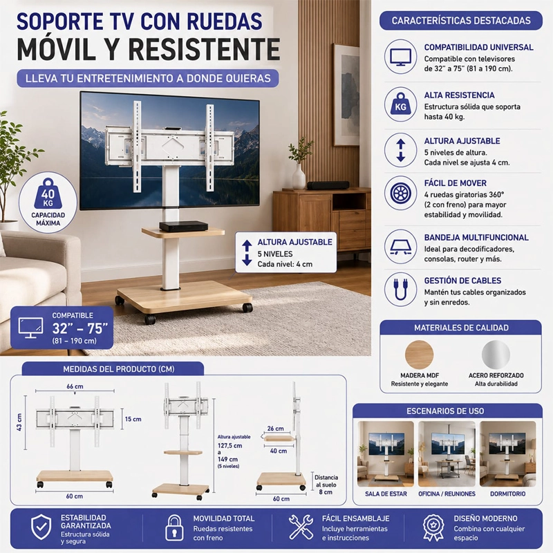 ANGELES DEL HOGAR SOPORTE PARA TV MOVIBLE RODANTE DE 32 A 75 ANGELES DEL HOGAR