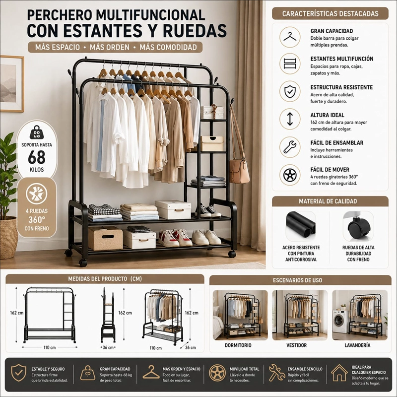 PERCHERO DOBLE COLGADOR DE ROPA HOGAR 58KILOS - 1