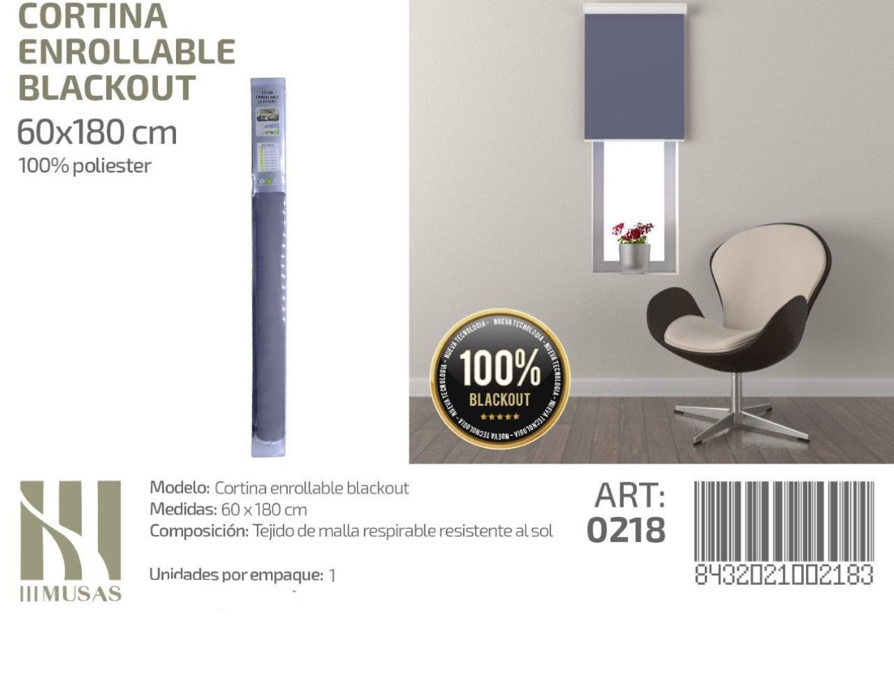 CORTINA ROLLER ENROLLABLE BLACKOUT 60 CM X 180 CM - 1