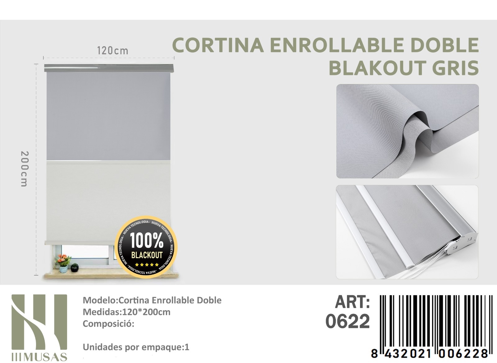 CORTINA ROLLER BLACKOUT DOBLE TELA 120X200CM - 1