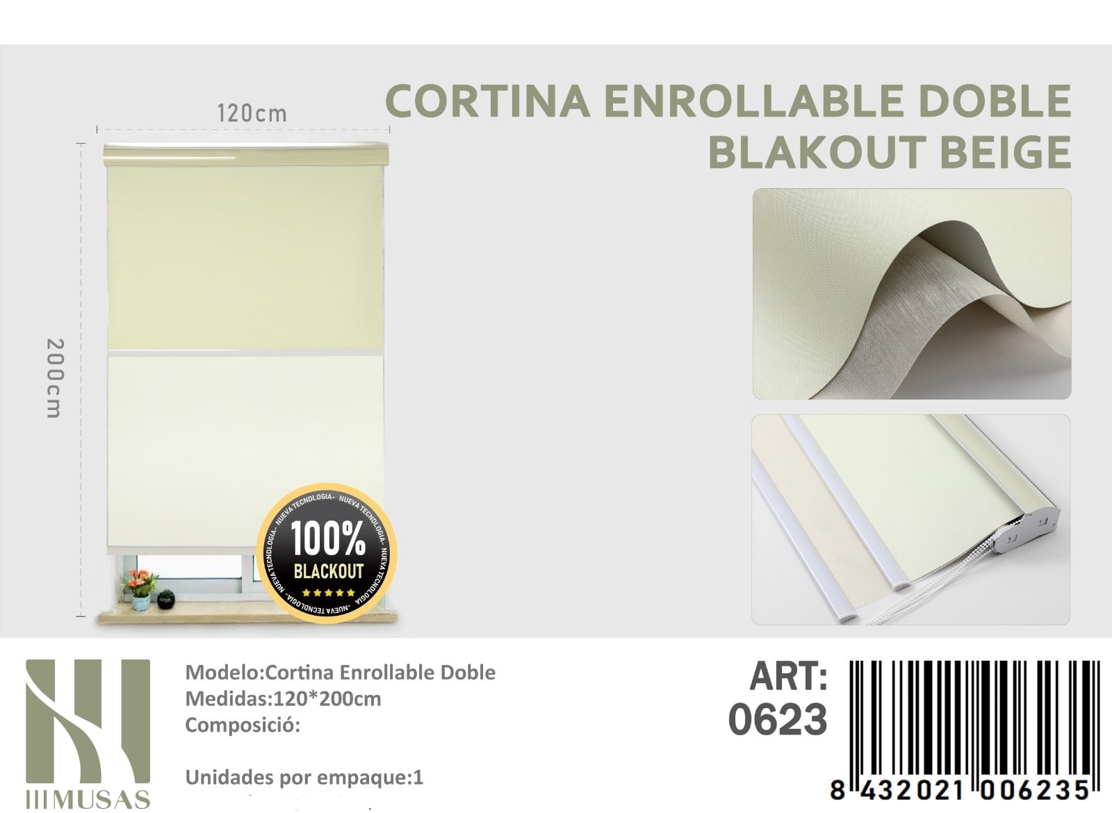 CORTINA ROLLER BLACKOUT DOBLE TELA 120X200CM - 1