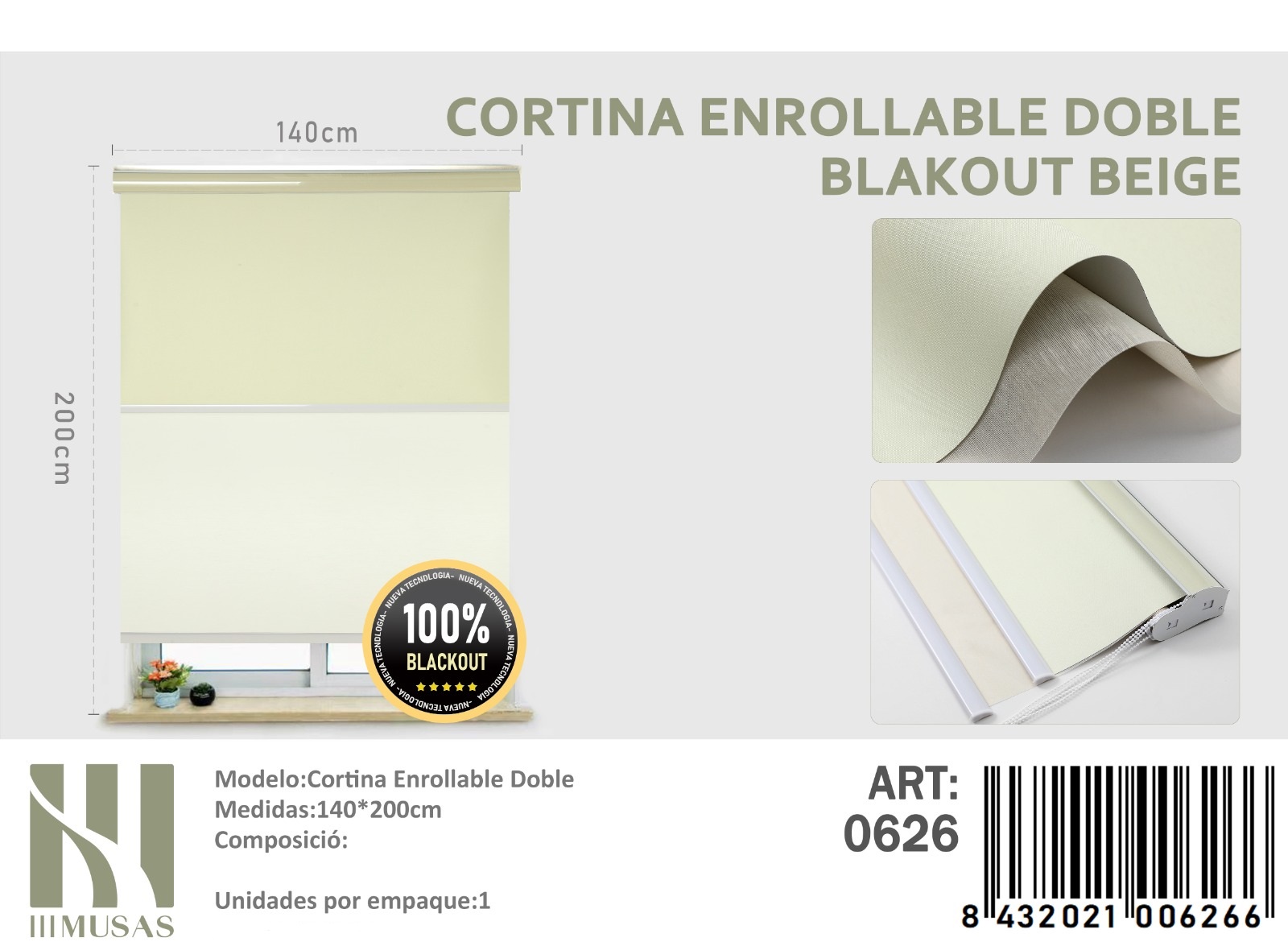 CORTINA ROLLER BLACKOUT DOBLE TELA 140X200CM - 1