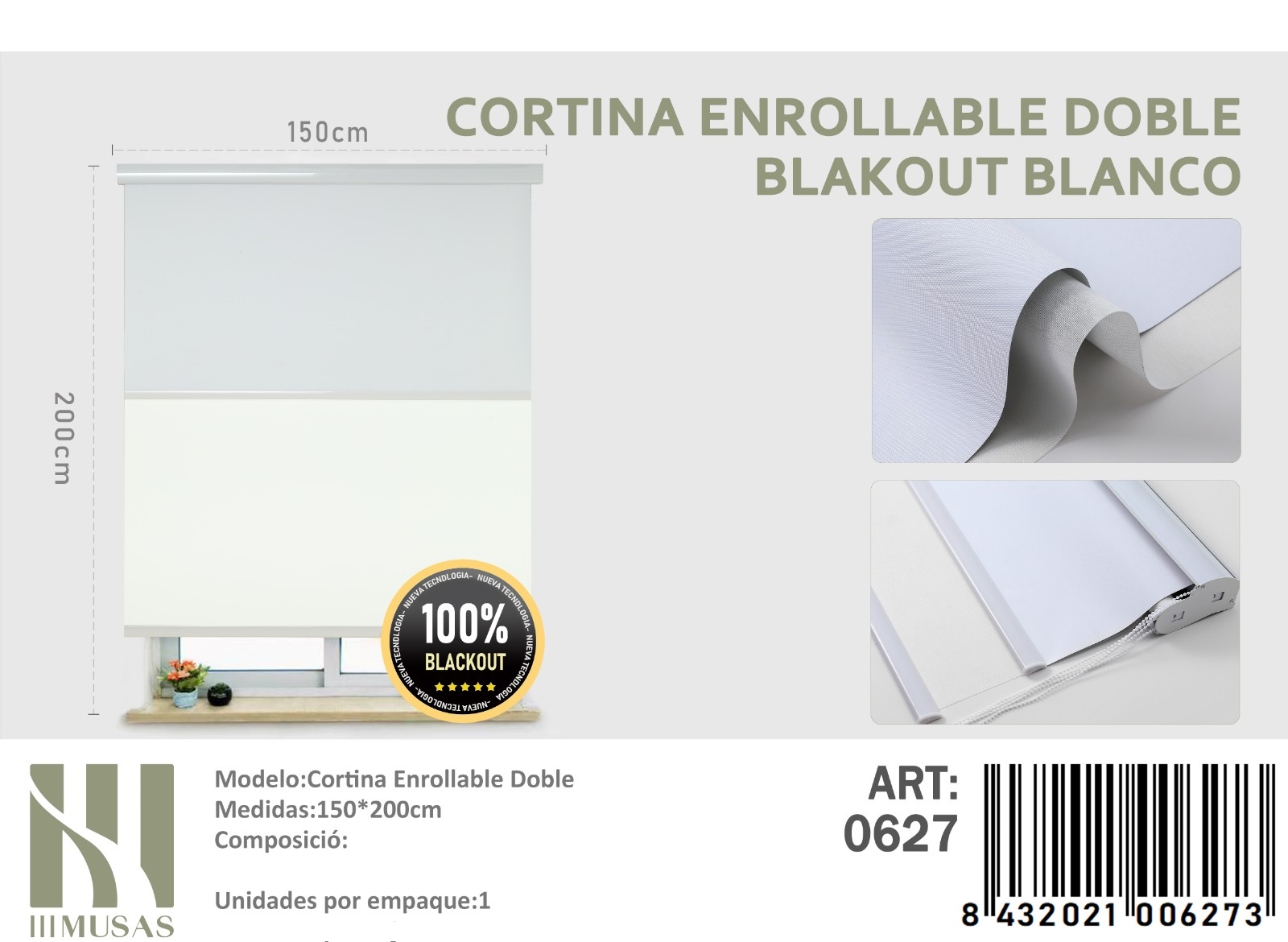 CORTINA ROLLER BLACKOUT DOBLE TELA 150X200CM - 1