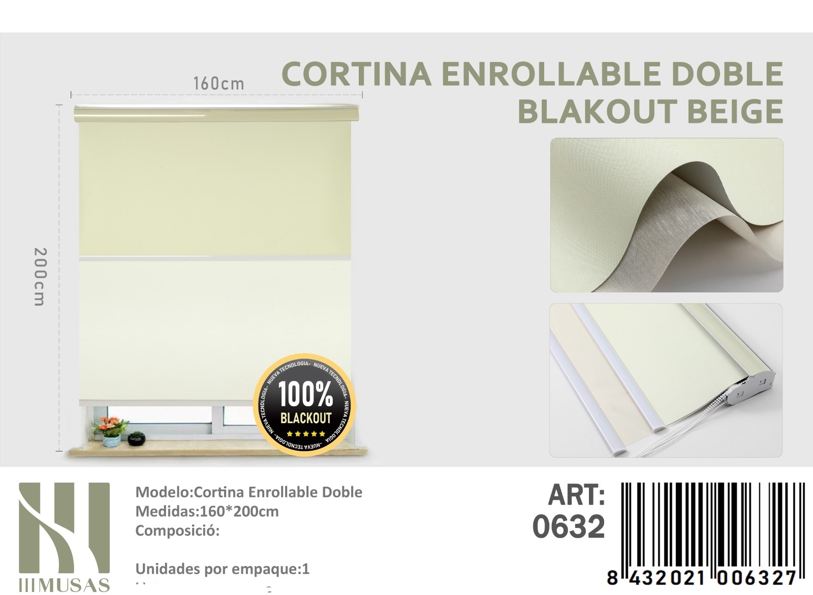 CORTINA ROLLER BLACKOUT DOBLE TELA 160X200CM - 1