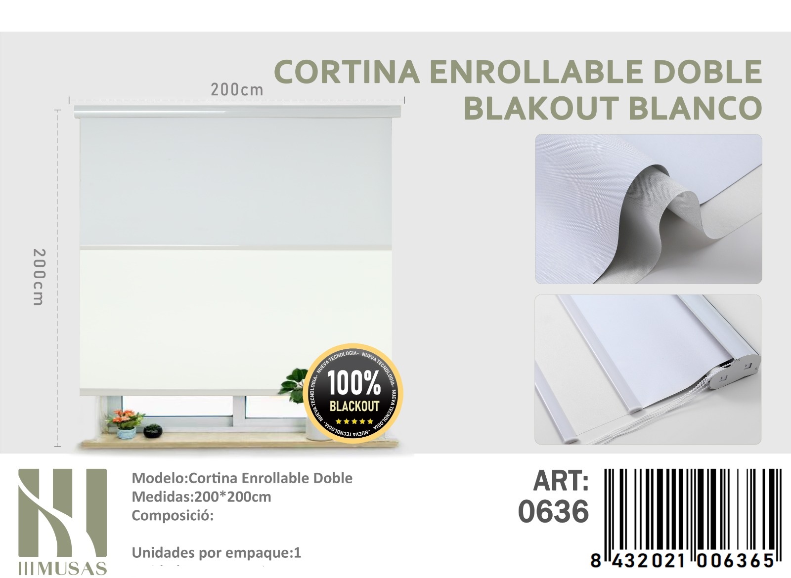 CORTINA ROLLER BLACKOUT DOBLE TELA 200X200CM - 1
