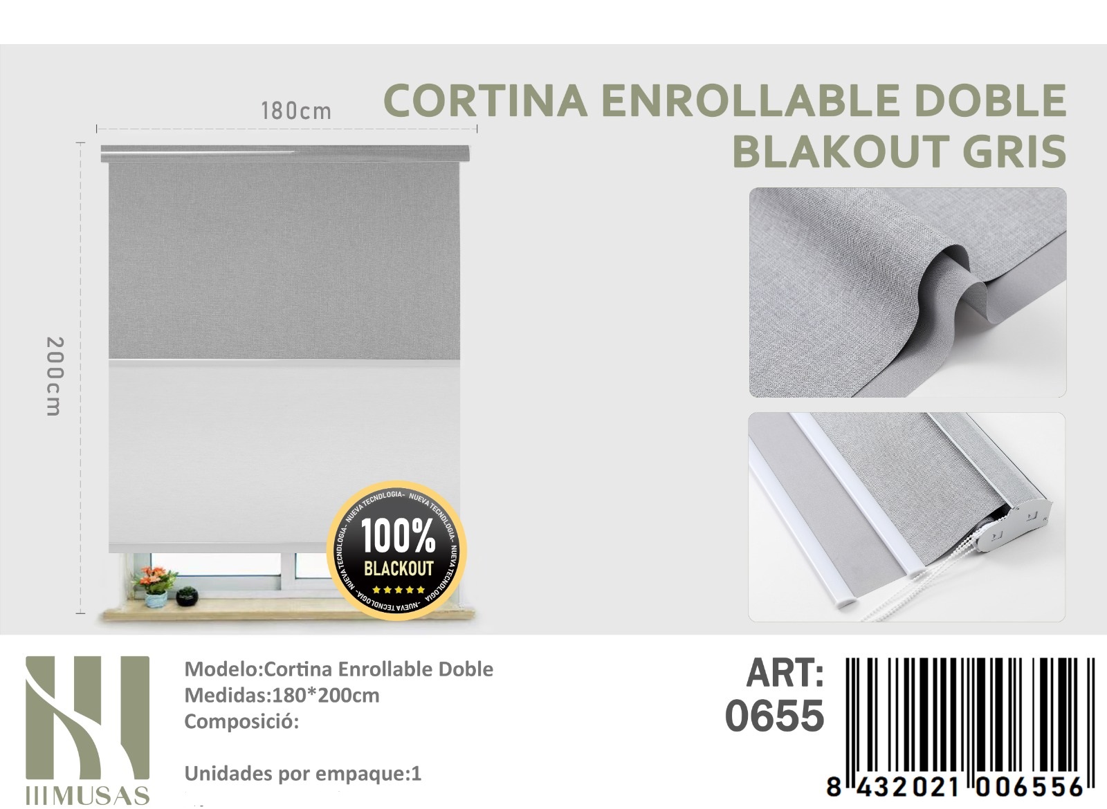 CORTINA ROLLER BLACKOUT DOBLE JASPEADA 180X200CM - 1