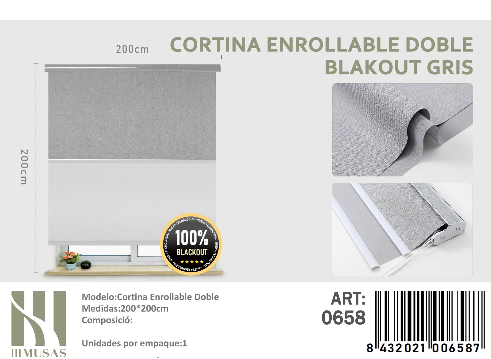 CORTINA ROLLER BLACKOUT DOBLE JASPEADA 200X200CM - 1