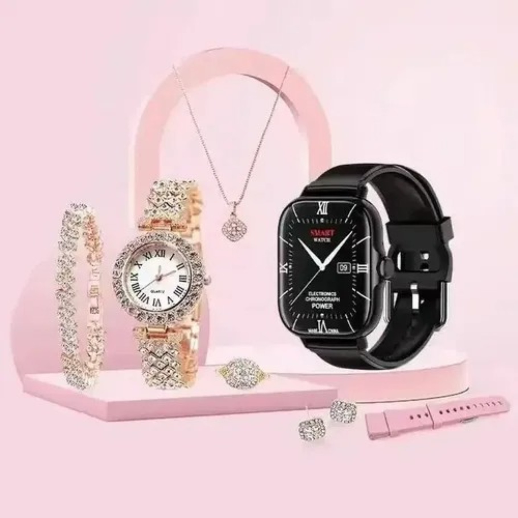 ANGELES DEL HOGAR SMART WATCH RELOJ Y SET 7 EN 1 DE JOYERÍA A58 PLUS
