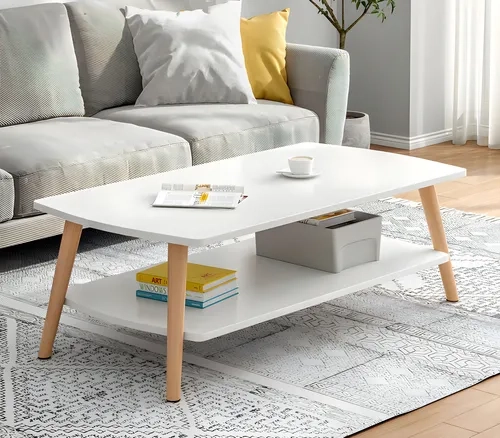 MESA DE CENTRO RECTANGULAR MINIMALISTA DE DOS NIVELES EN COLOR BLANCO - 1
