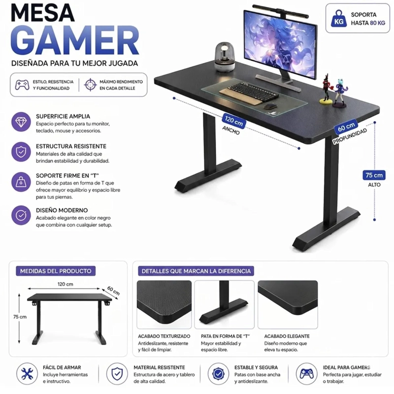 ESCRITORIO GAMER 120 CM NEGRO – SOPORTE HASTA 80 KG, DISEÑO MODERNO Y ESTABLE - 1
