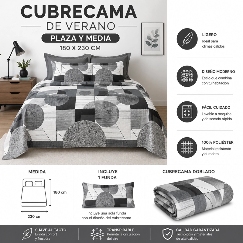 CUBRECAMA DE VERANO PLAZA Y MEDIA CON DISEÑO MEDIDA 180X230 - 2