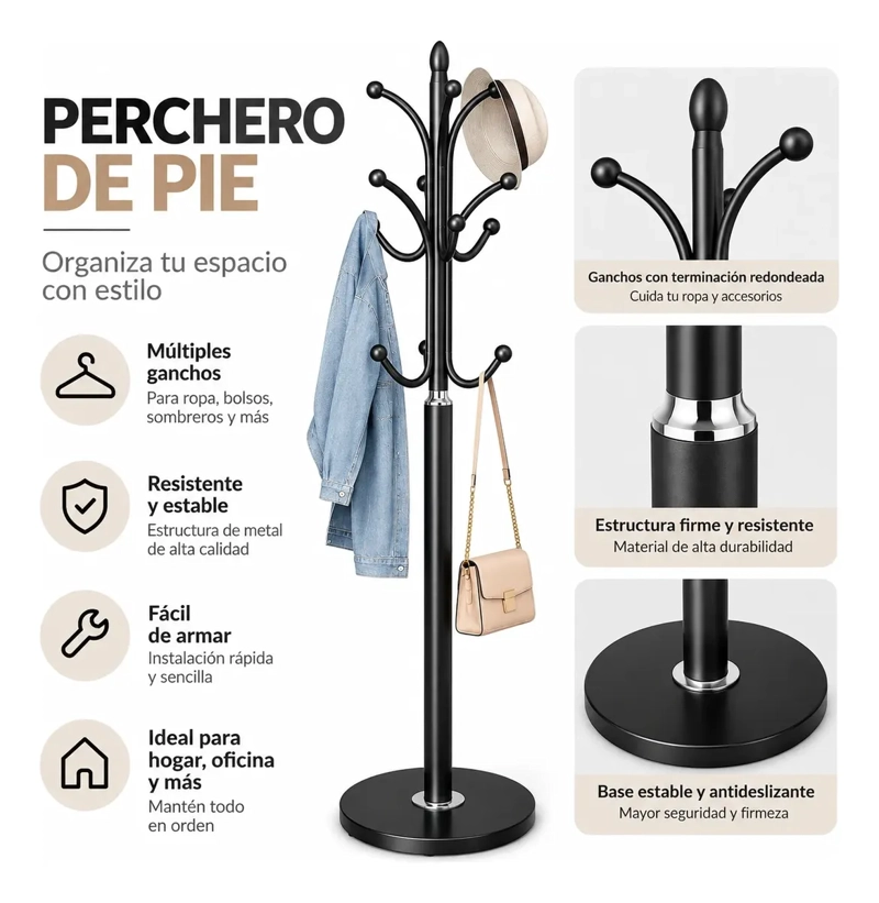 PERCHERO METALICO ORGANIZADOR DE ROPA Y ACCESORIOS NEGRO - 1