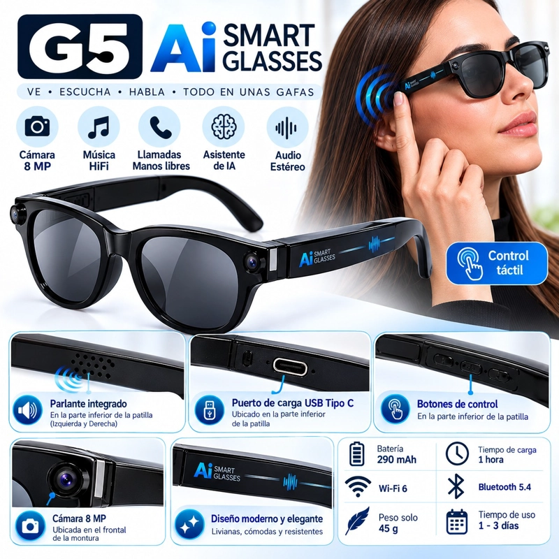 GAFAS INTELIGENTES G5 CON CAMARA 8MP, VIDEO E INTELIGENCIA ARTIFICIAL - 1