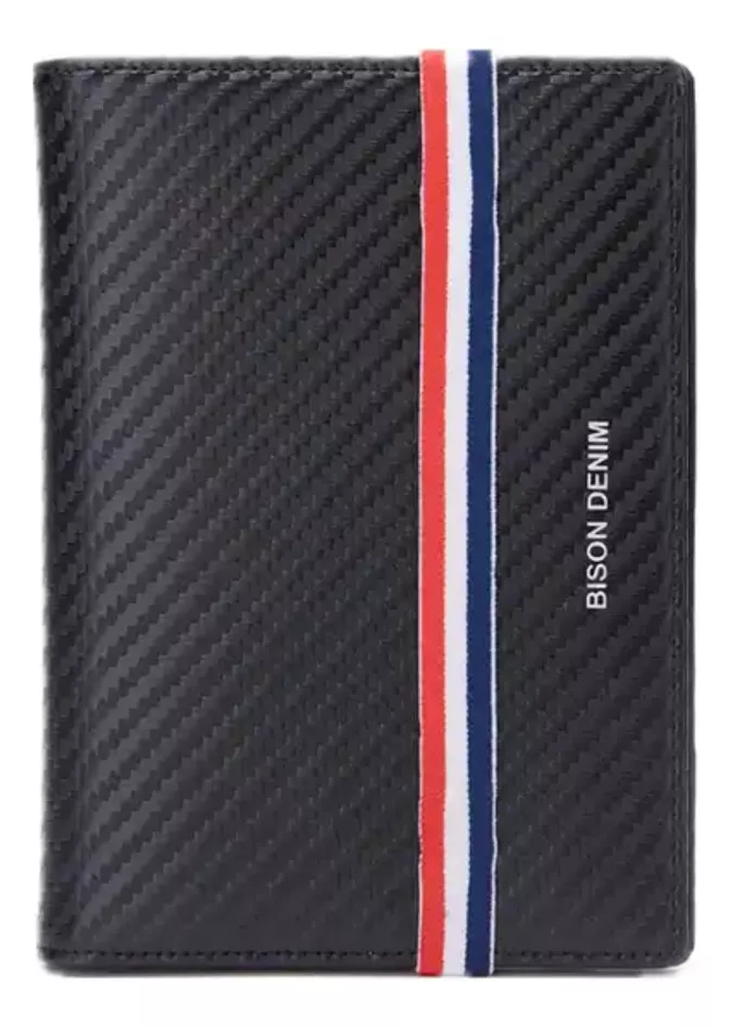 PORTAPASAPORTE LUXHER ELEGANTE BILLETERA GENUINO BISON DENIM CUERO - 1