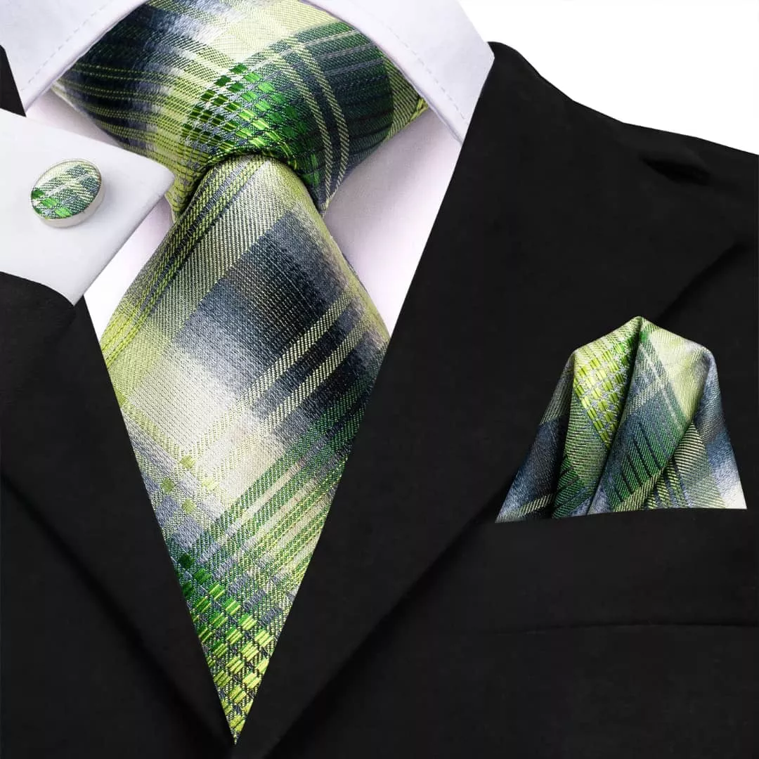 SET CORBATA SEDA LUXHER CELESTE PAÑUELO Y COLLERAS LUJO HI-TIE MOD CUADROS - 1