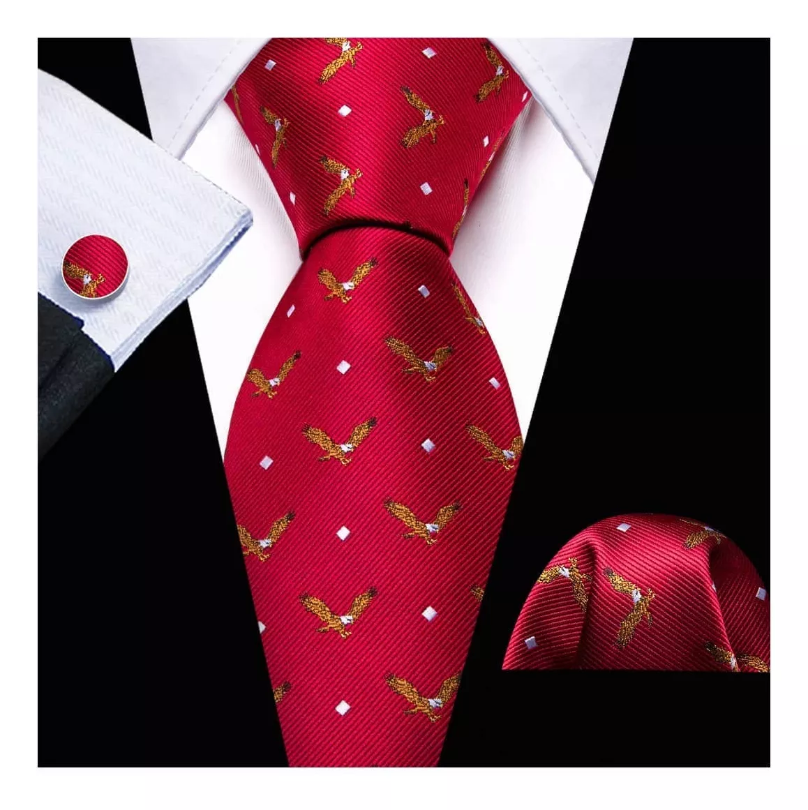 SET CORBATA SEDA LUXHER ROJO PAÑUELO Y COLLERAS LUJO HI-TIE MOD AGUILA - 2