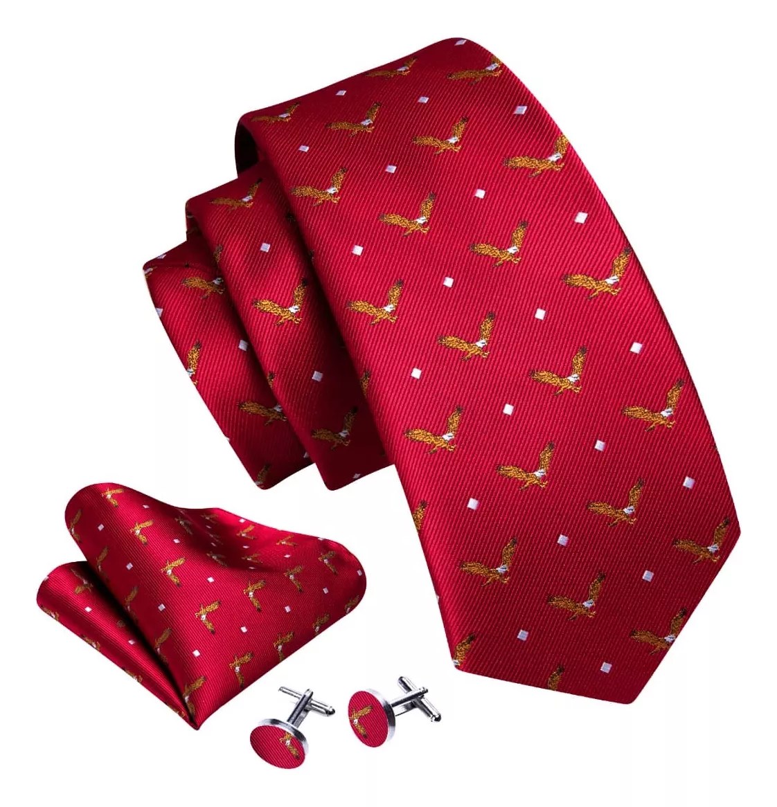 SET CORBATA SEDA LUXHER ROJO PAÑUELO Y COLLERAS LUJO HI-TIE MOD AGUILA - 3