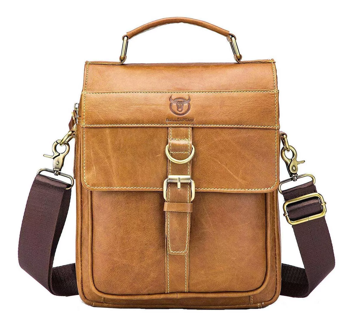 CARTERA SATCHEL BULL CAPTAIN BOLSO DE HOMBRO DE CUERO GENUINO DISEÑO LISO DE CUERO BOVINO YELLOW BRO - 1