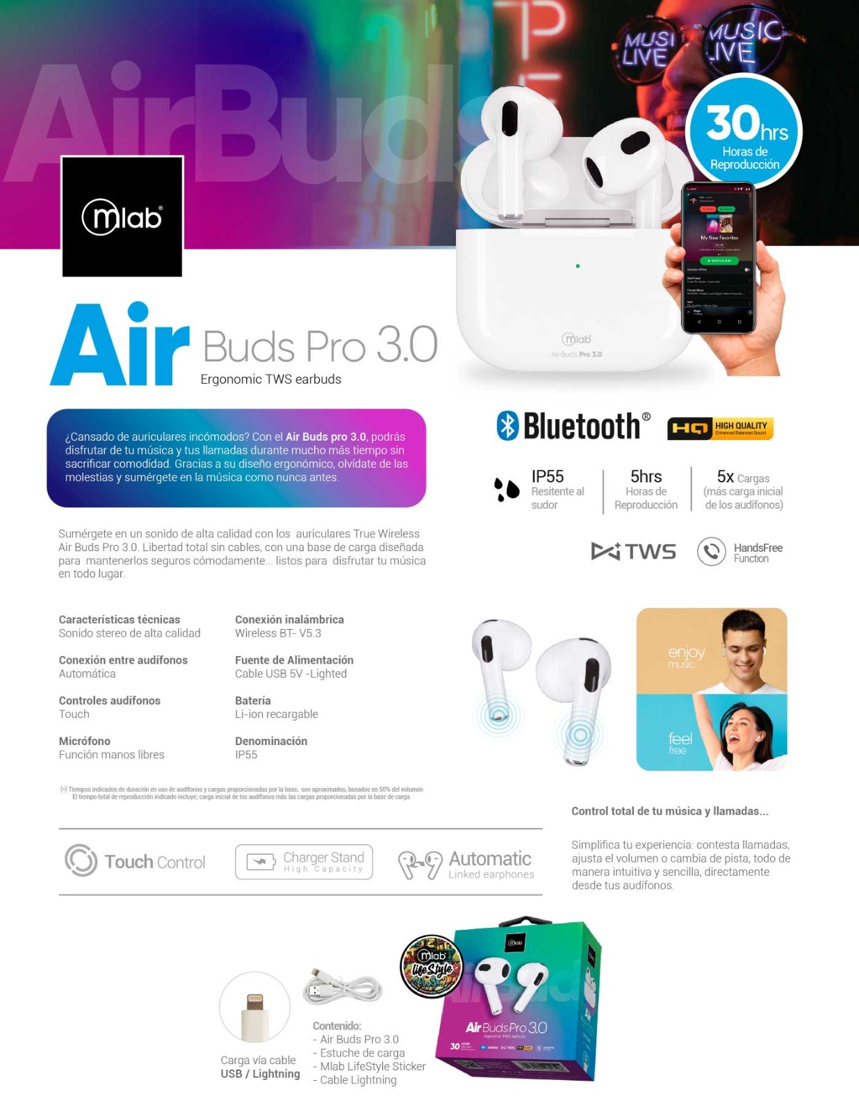 AUDÍFONO INALÁMBRICO BLUETOOTH MICROLAB TWS AIR BUDS PRO 3.0 - 6