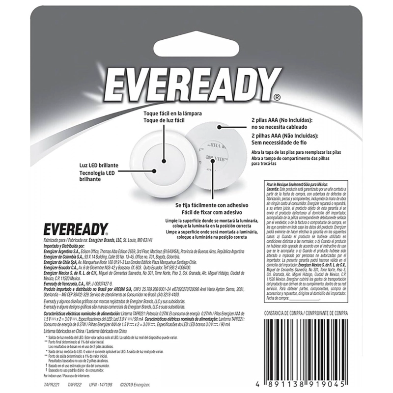 LÁMPARA TOQUE PARED CLOSET LED EVEREADY EN COLOR BLANCO FRÍA 45LM - 2