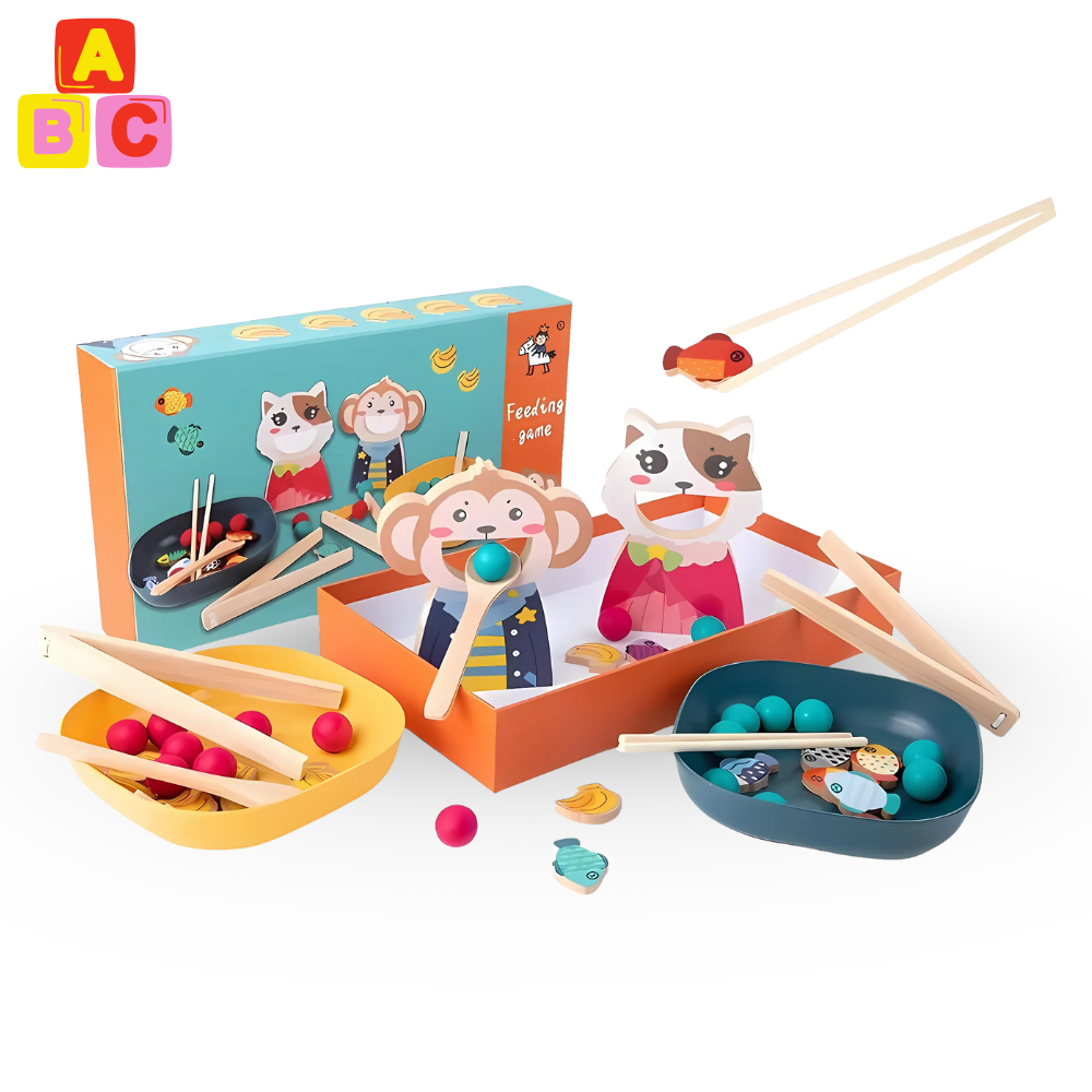 JUGUETE EDUCATIVO DE MADERA - MONO Y GATITO RECOGE POROTOS - 1