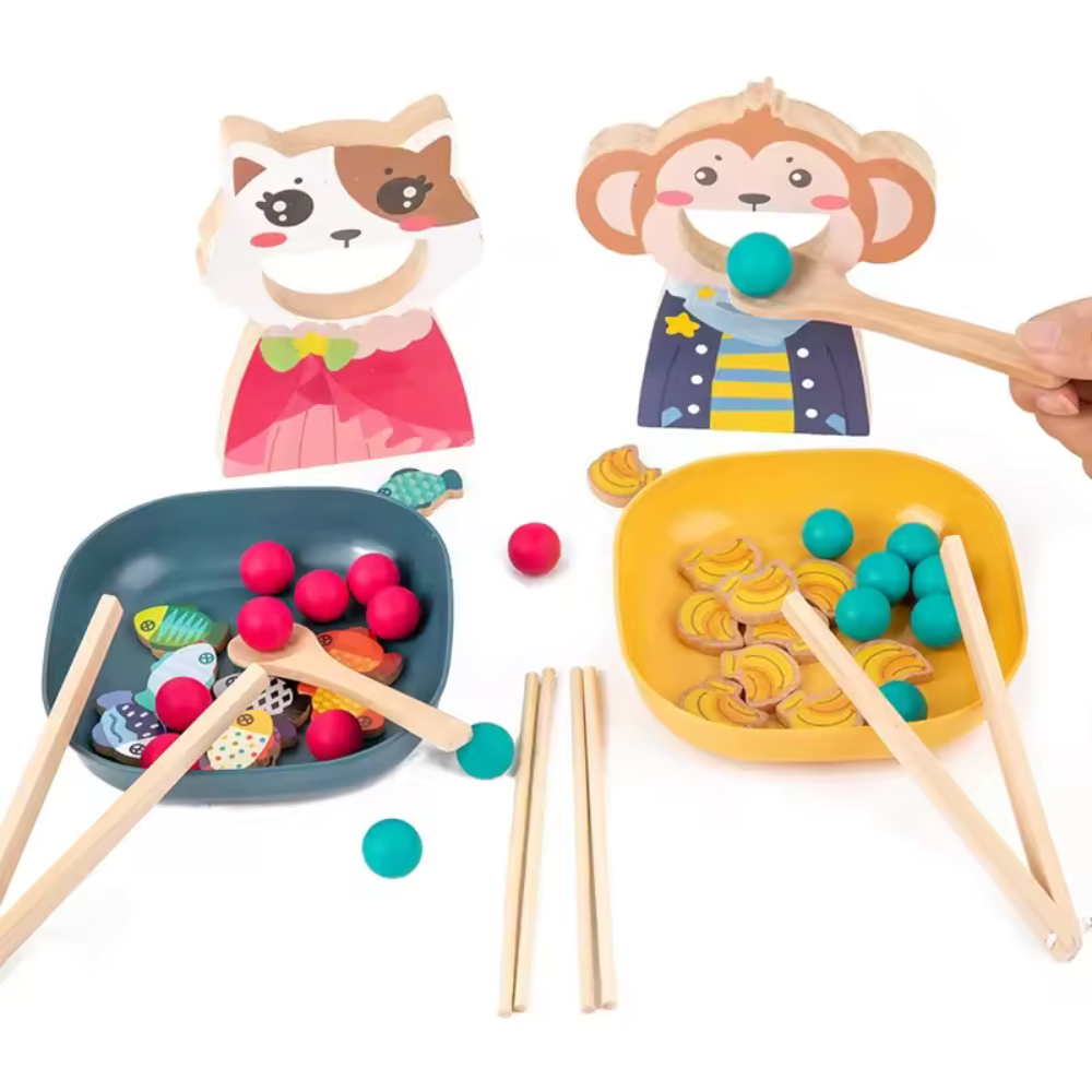 JUGUETE EDUCATIVO DE MADERA - MONO Y GATITO RECOGE POROTOS - 2