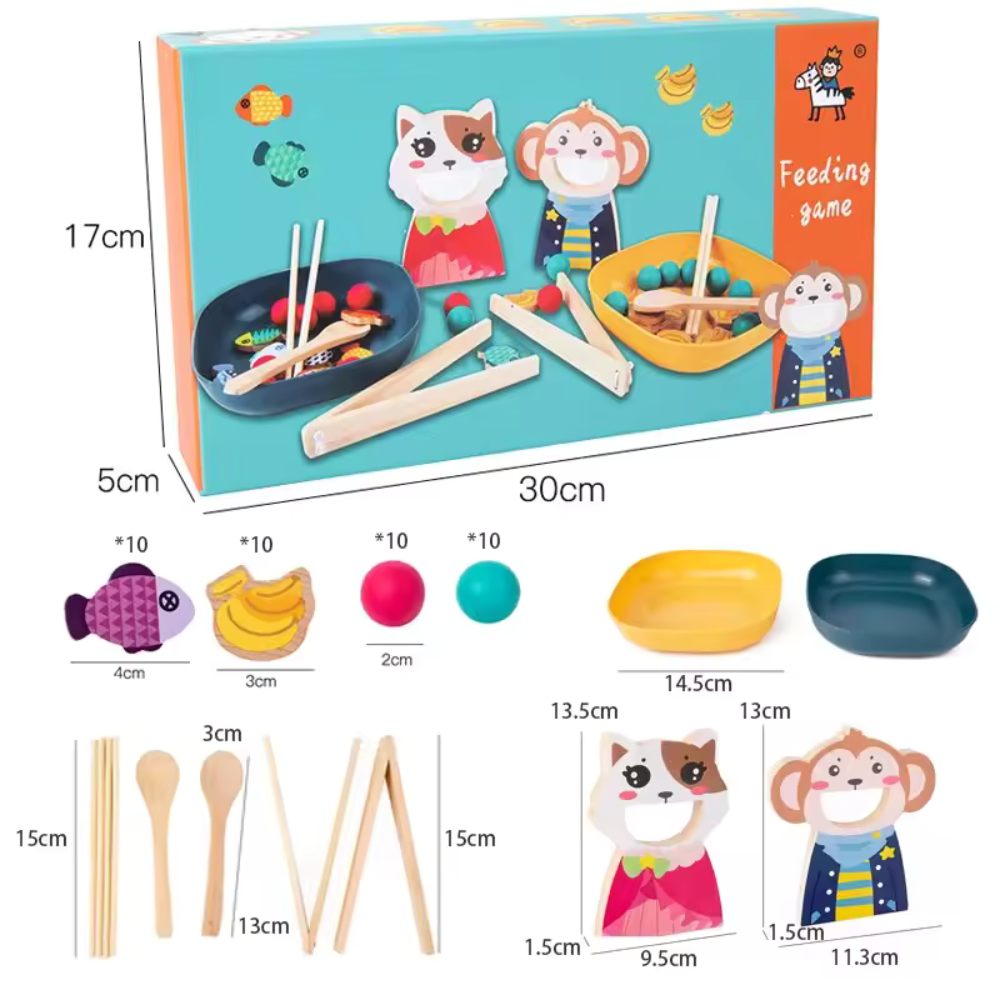 JUGUETE EDUCATIVO DE MADERA - MONO Y GATITO RECOGE POROTOS - 5
