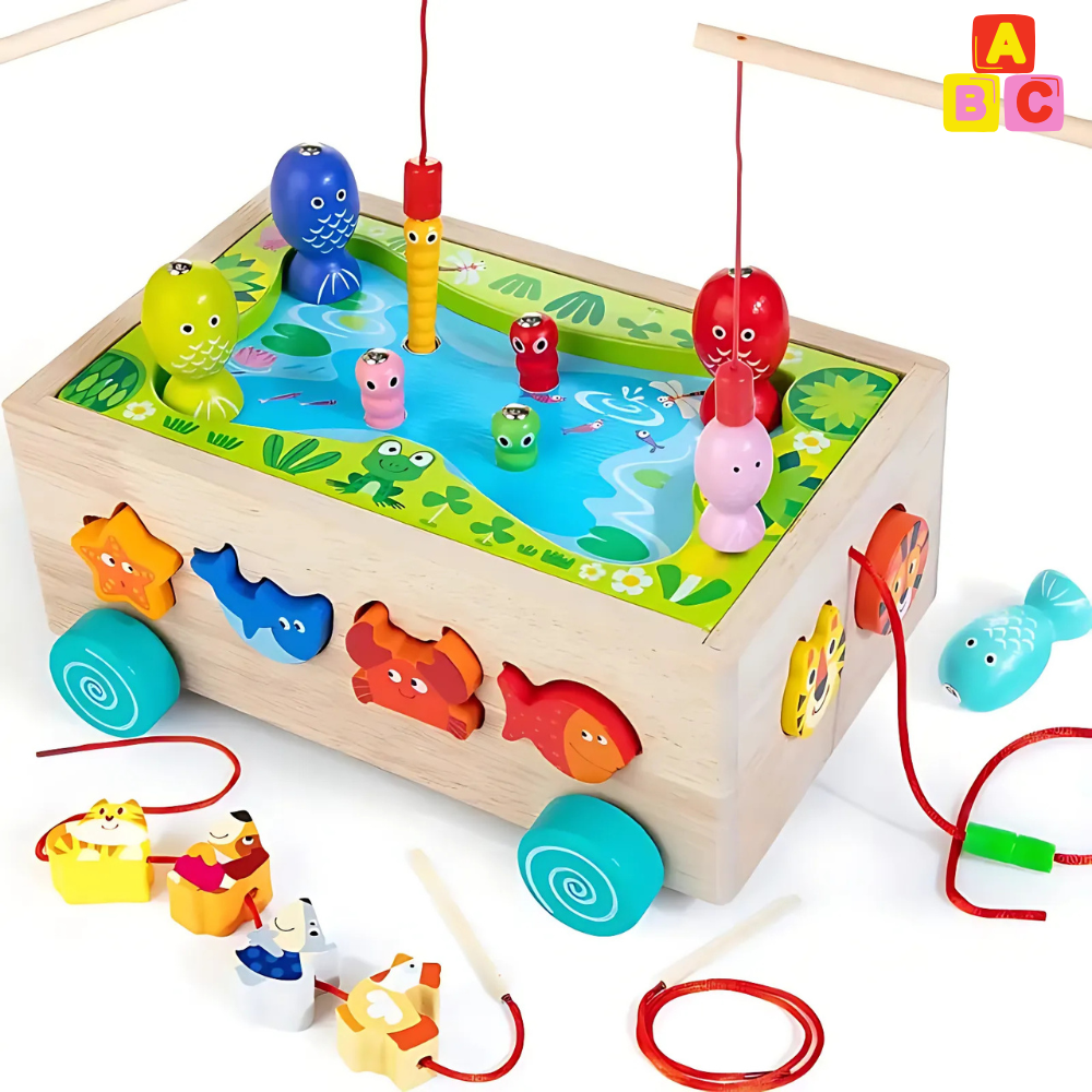 JUEGO DE PESCA MAGNE TICA 2 EN 1 CON CARRITO DE MADERA - 1