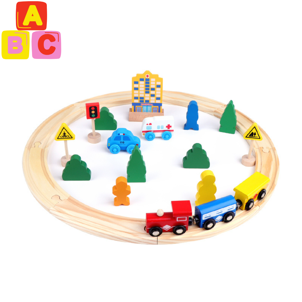 SET TREN DE MADERA CON ACCESORIOS URBANOS EDUCATIVO - 1