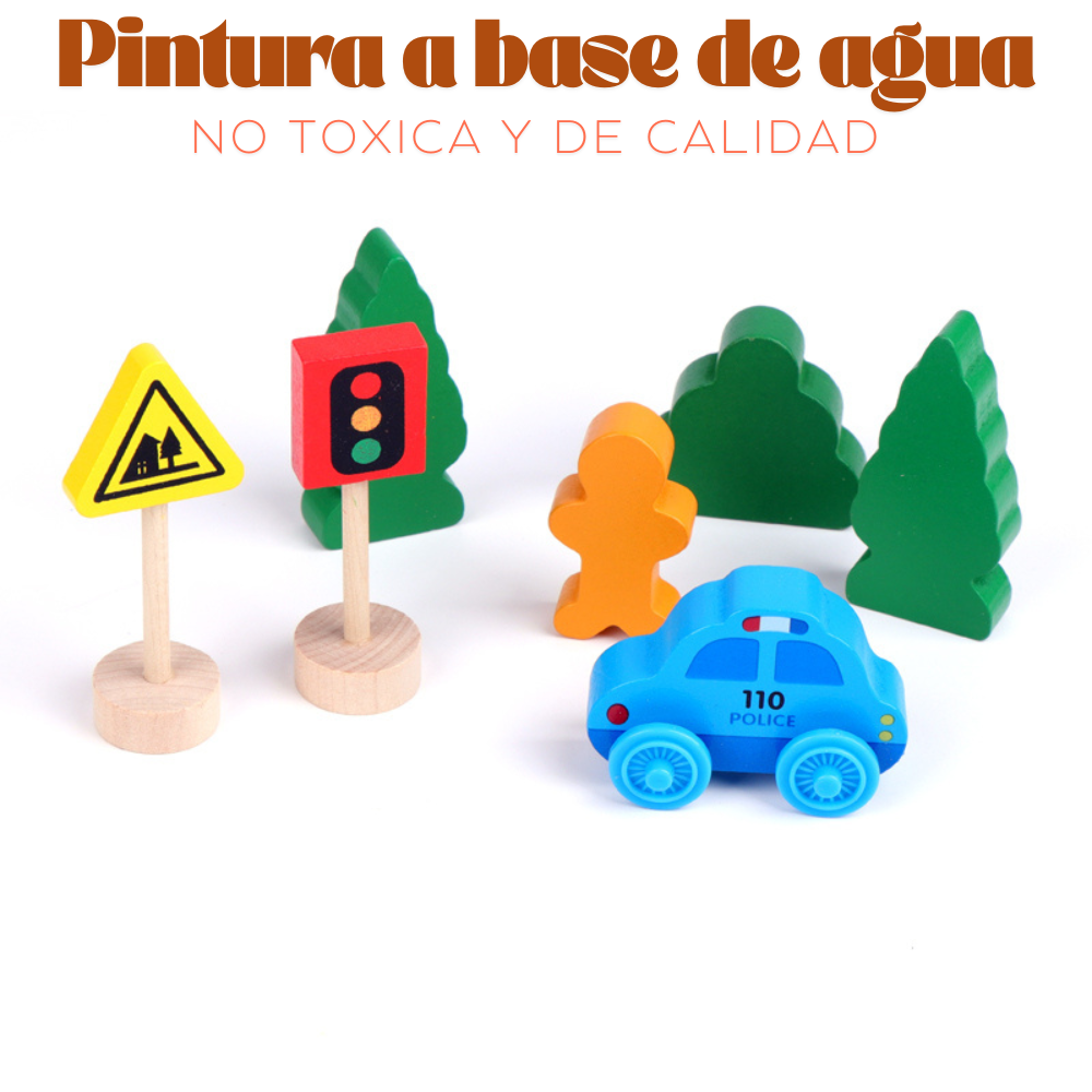 SET TREN DE MADERA CON ACCESORIOS URBANOS EDUCATIVO - 2