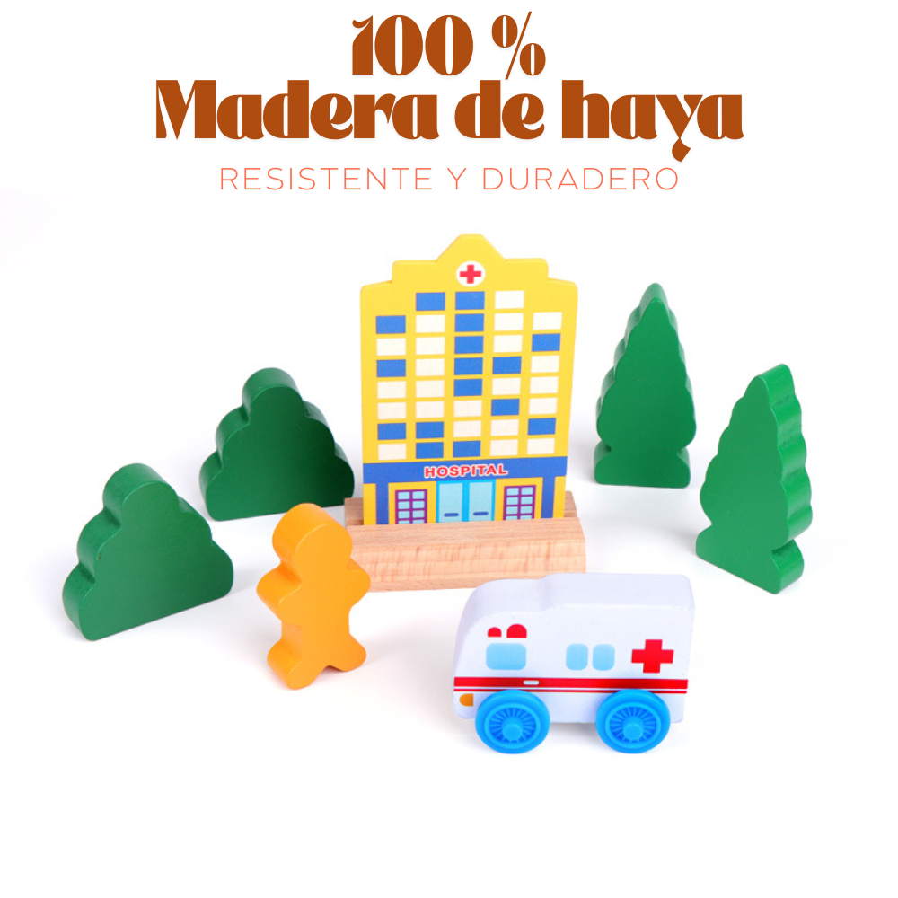 SET TREN DE MADERA CON ACCESORIOS URBANOS EDUCATIVO - 4