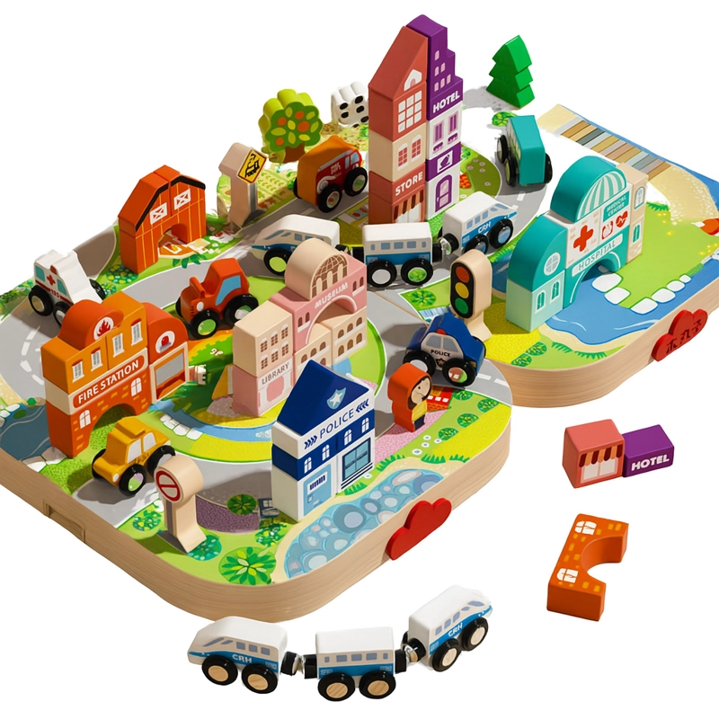 CIUDAD DE MADERA 3 EN 1 – JUEGO DE CONSTRUCCION Y TRANSPORTE - 1