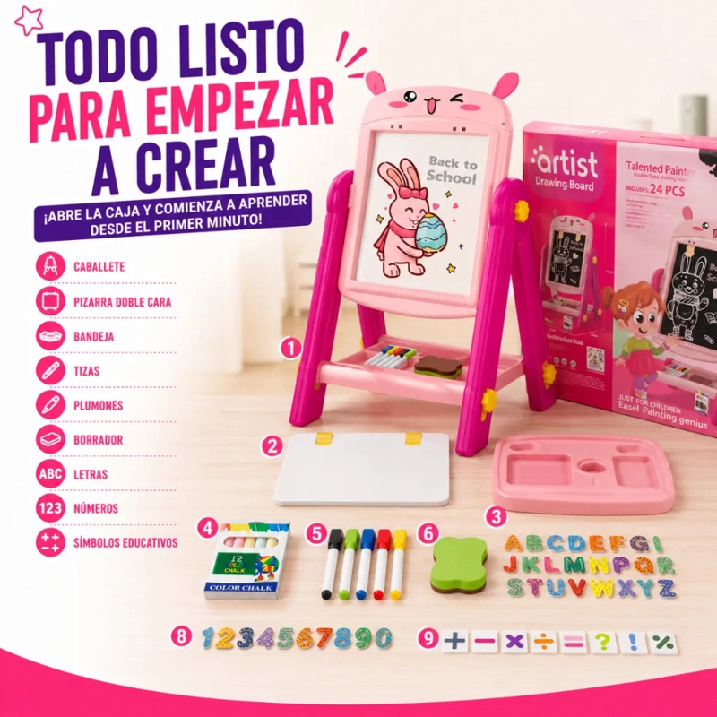 PIZARRA DE DIBUJO INFANTIL 2 EN 1 360° + ACCESORIOS CONEJITO - 9