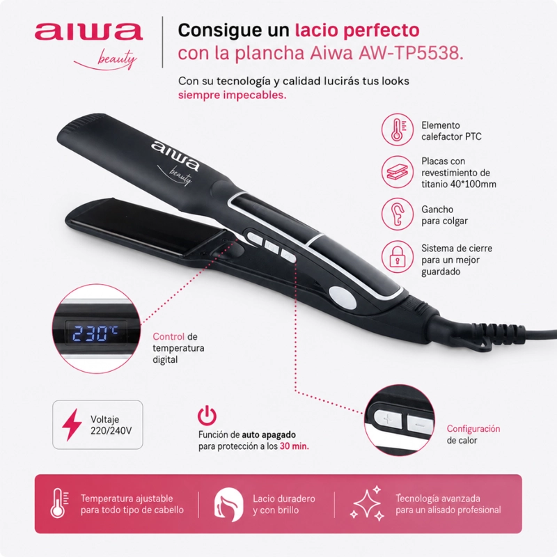 PLANCHA ALISADORA DE CABELLO AIWA AW-TP5538 PLACAS DE TITANIO DIGITAL - 4