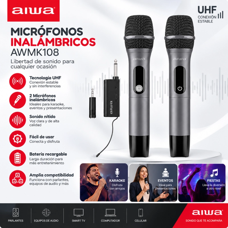 MICROFONOS INALAMBRICOS AIWA AW-MK108 PACK 2 UHF RECARGABLES - 4