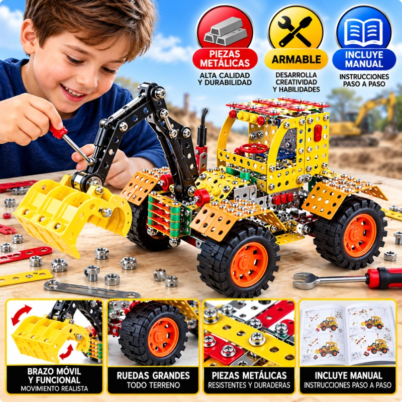 EXCAVADORA ARMABLE DE METAL 713 PIEZAS CON HERRAMIENTAS - 4