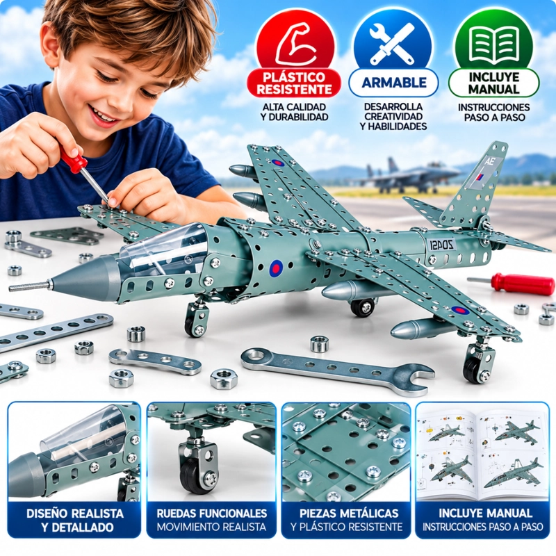 AVION DE COMBATE ARMABLE DE METAL 227 PIEZAS CON HERRAMIENTAS - 5